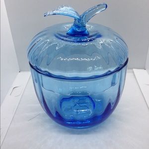 VINTAGE BLOWN GLASS U.S.S.R BLUE APPLE LIDDED CANDY DISH